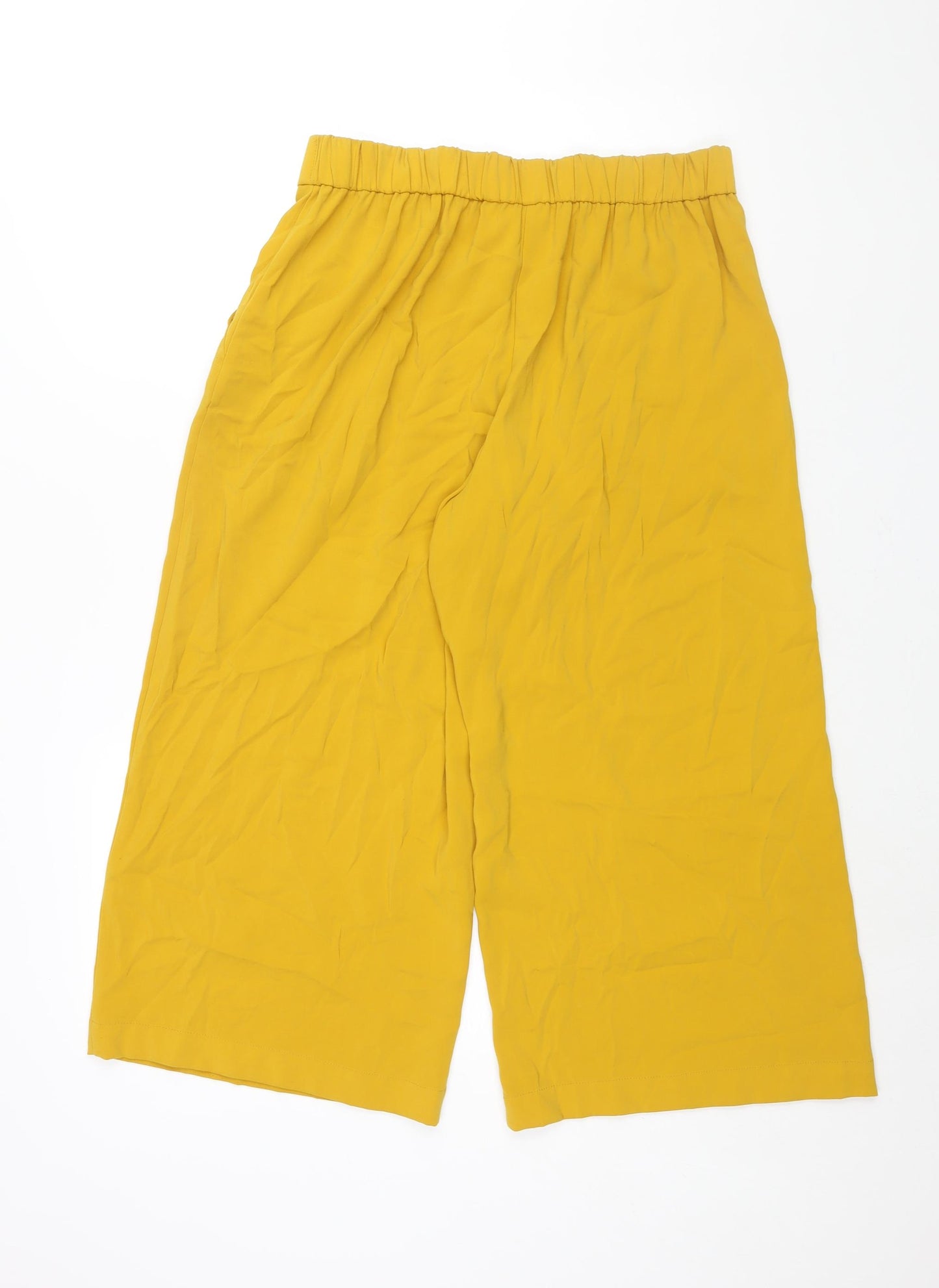 Zara Womens Yellow Polyester Cropped Trousers Size L L22 in Regular - Elasticated Waist Tie