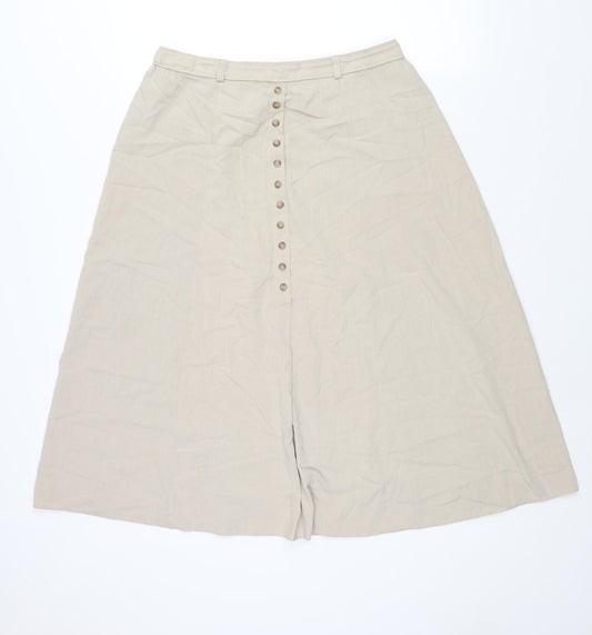 BHS Womens Beige Polyester A-Line Skirt Size 16 - Button Detail Elasticated Waist