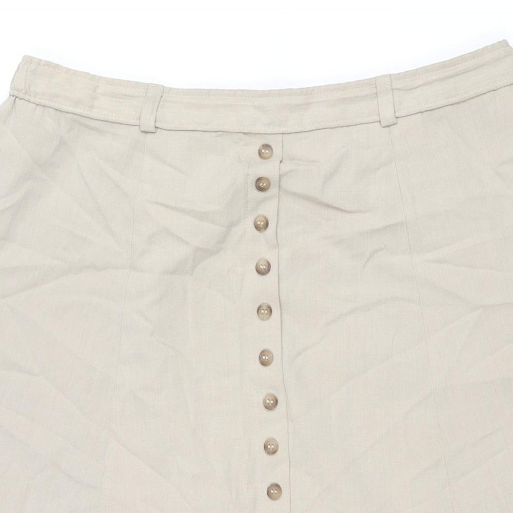 BHS Womens Beige Polyester A-Line Skirt Size 16 - Button Detail Elasticated Waist