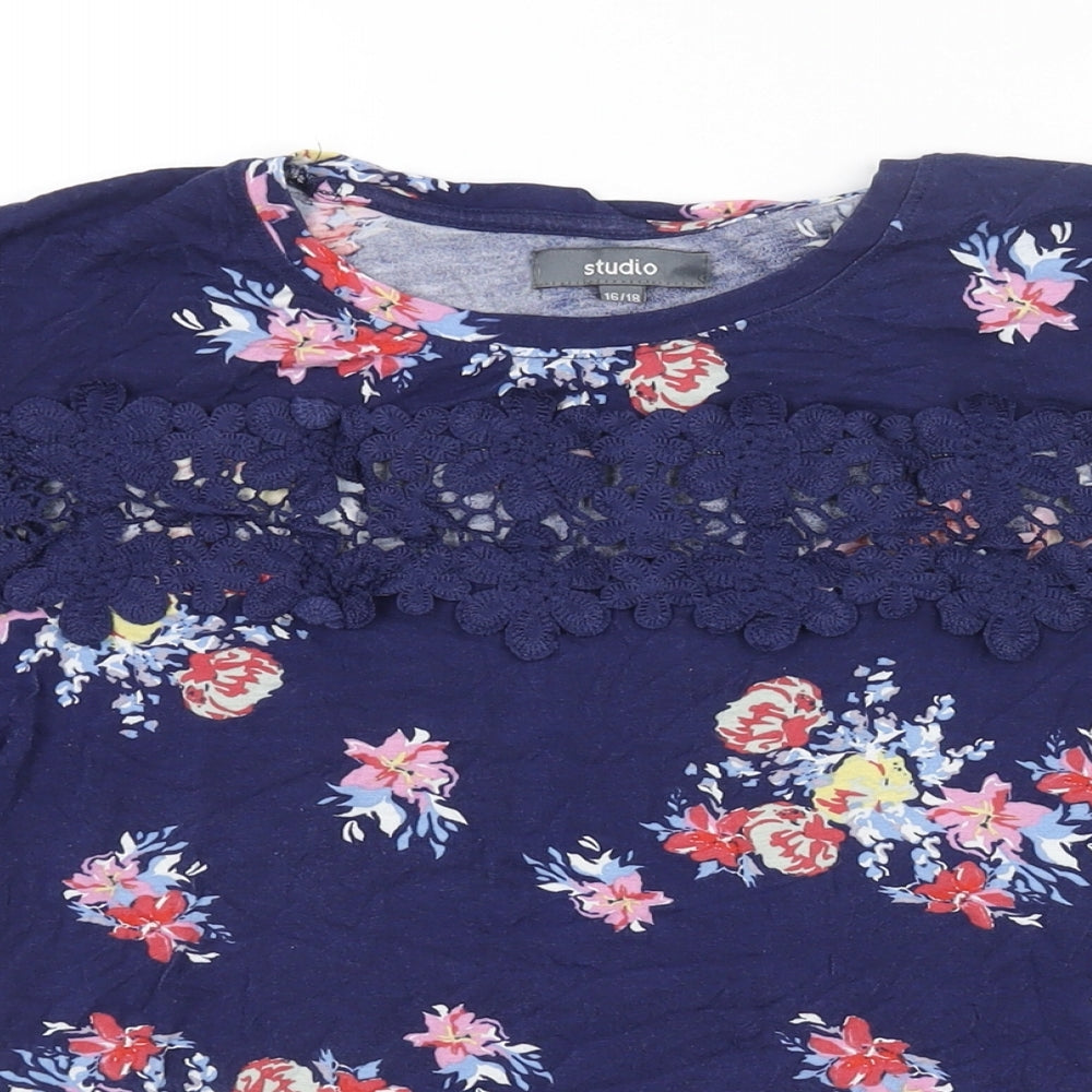 Studio Womens Blue Floral Viscose Basic Blouse Size 16 Round Neck - Lace Detail Size 16-18