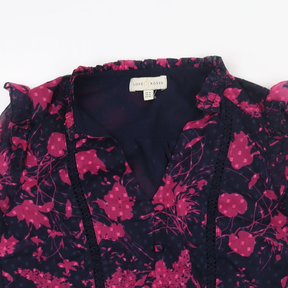 Love Roses Womens Blue Floral Polyester Basic Blouse Size 8 V-Neck - Lace Frill Button Detail