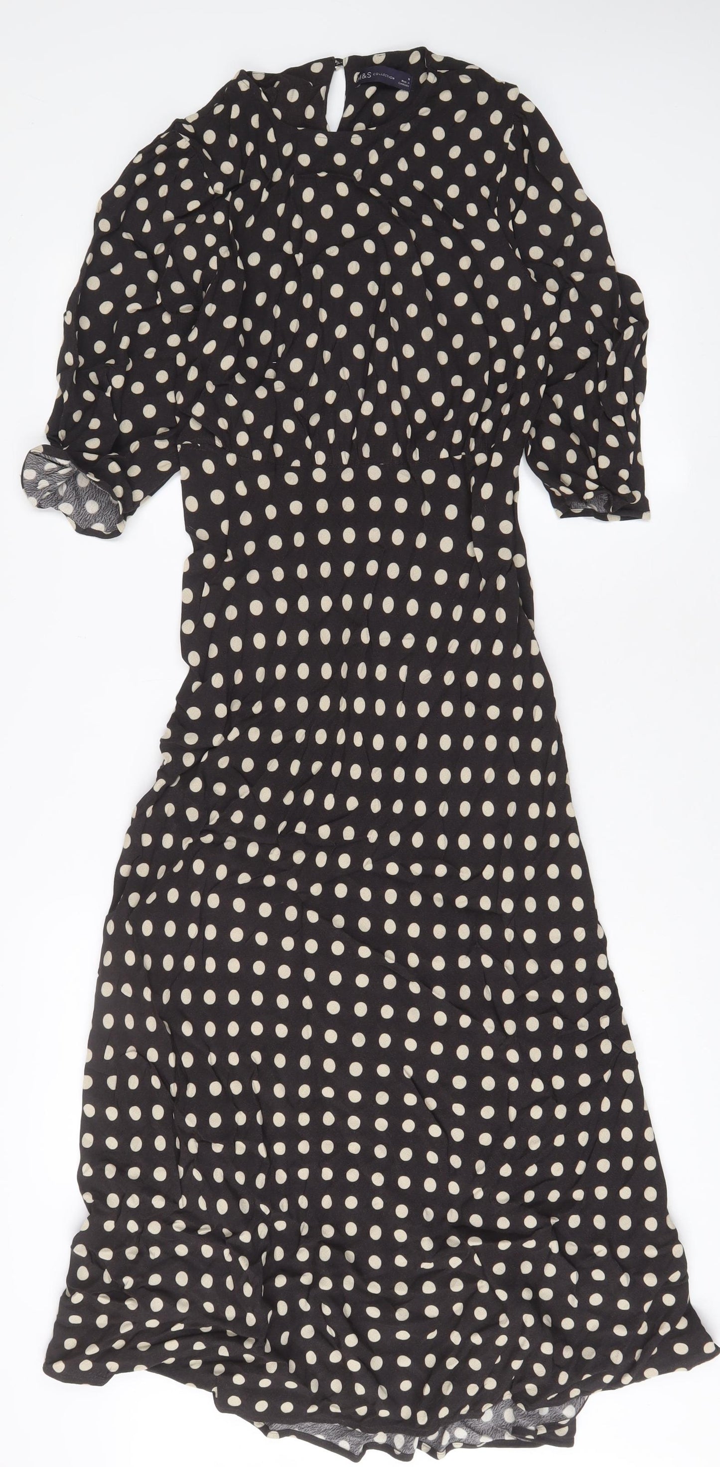 Marks and Spencer Womens Brown Polka Dot Viscose A-Line Size 10 Crew Neck Button