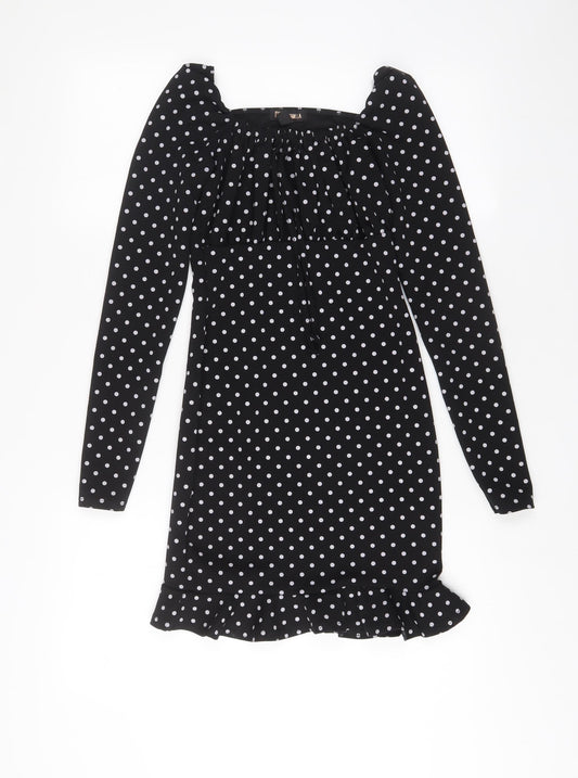 Pink vanilla Womens Black Polka Dot Polyester A-Line Size 6 Square Neck Pullover - Pleated