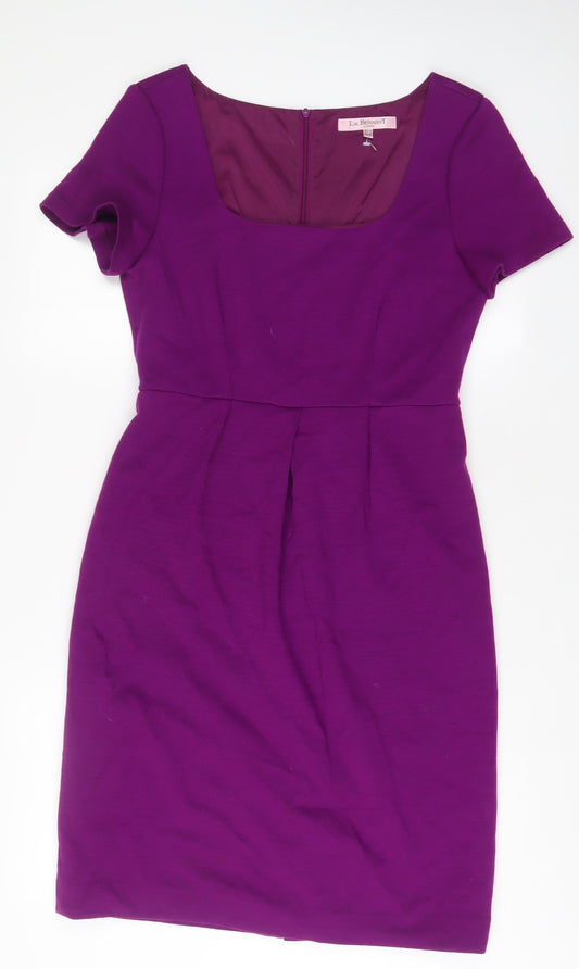 L.K. Bennett Womens Purple Wool Sheath Size 12 Scoop Neck Zip - Pleated