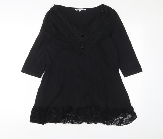 Store Twenty One Womens Black Cotton Tunic T-Shirt Size 12 Boat Neck - Lace