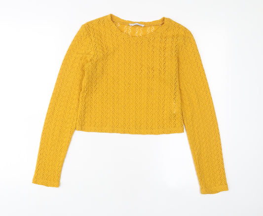 Zara Womens Yellow Polyester Cropped T-Shirt Size S Crew Neck