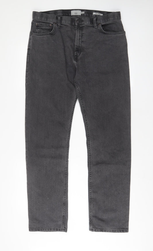 Marks and Spencer Mens Grey Cotton Tapered Jeans Size 36 in L33 in Regular Zip - Long Leg, Pockets