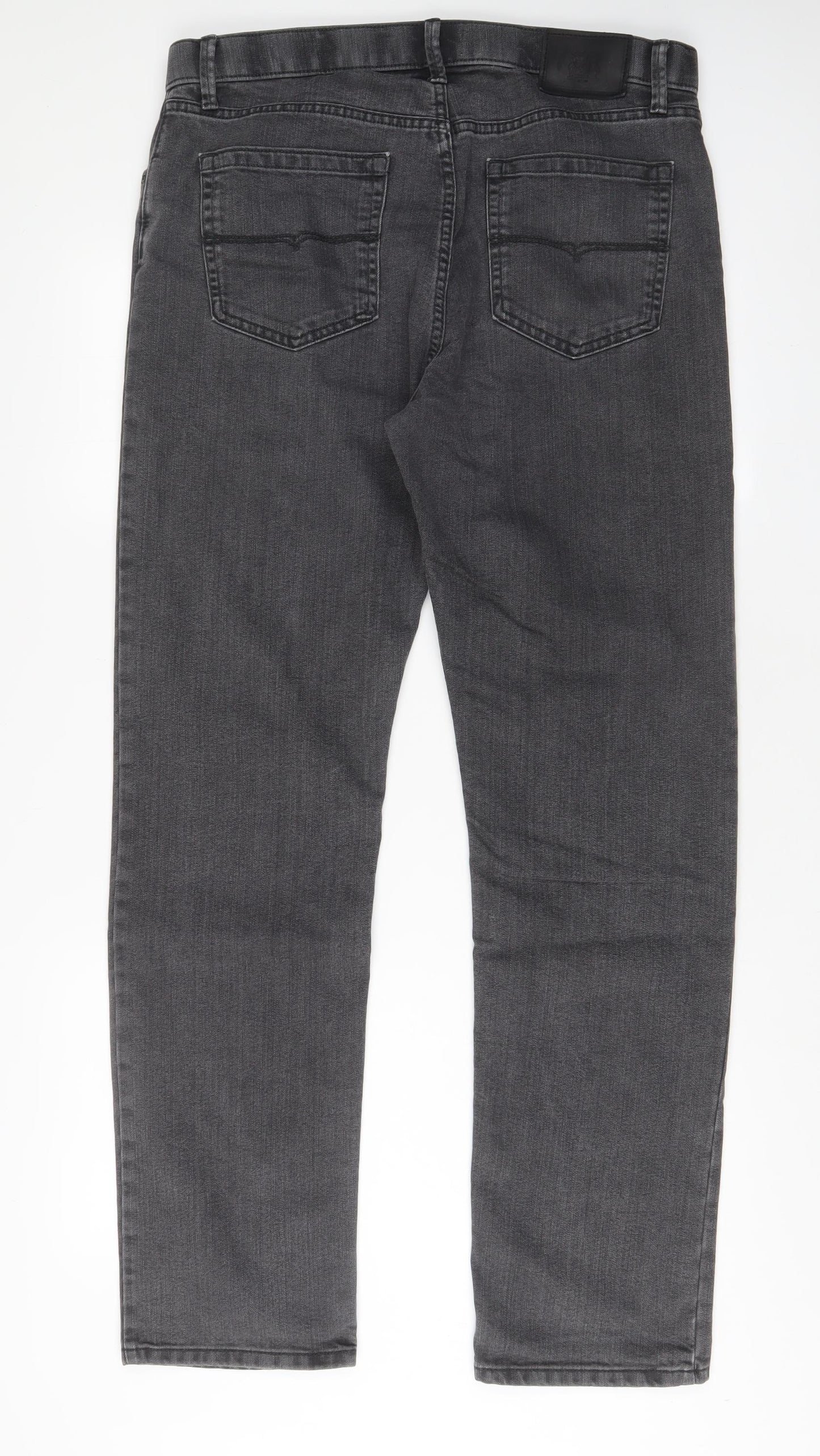 Marks and Spencer Mens Grey Cotton Tapered Jeans Size 36 in L33 in Regular Zip - Long Leg, Pockets