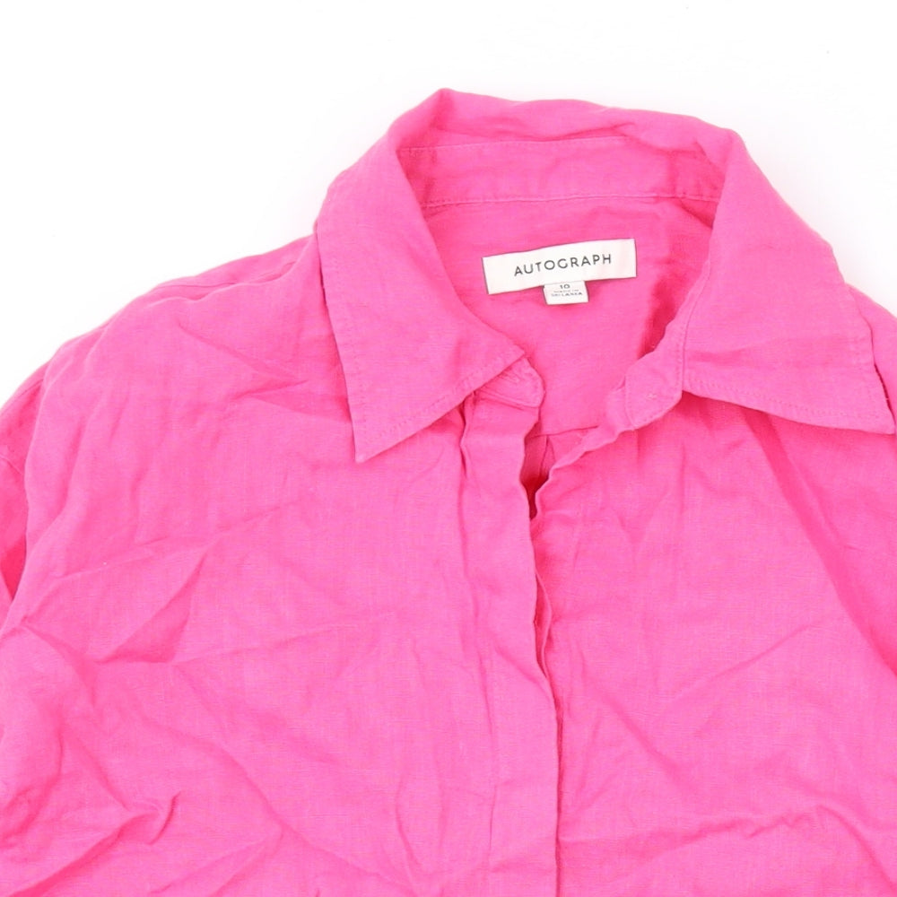 Marks and Spencer Womens Pink Linen Basic Button-Up Size 10 Collared