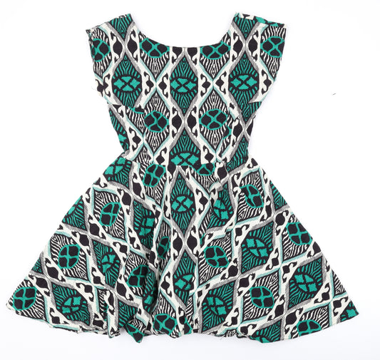 Louche Womens Green Geometric Cotton Skater Dress Size 10 Boat Neck Zip