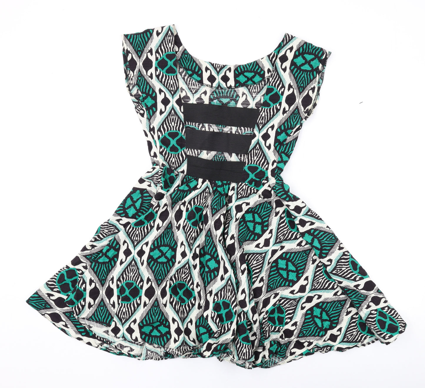 Louche Womens Green Geometric Cotton Skater Dress Size 10 Boat Neck Zip