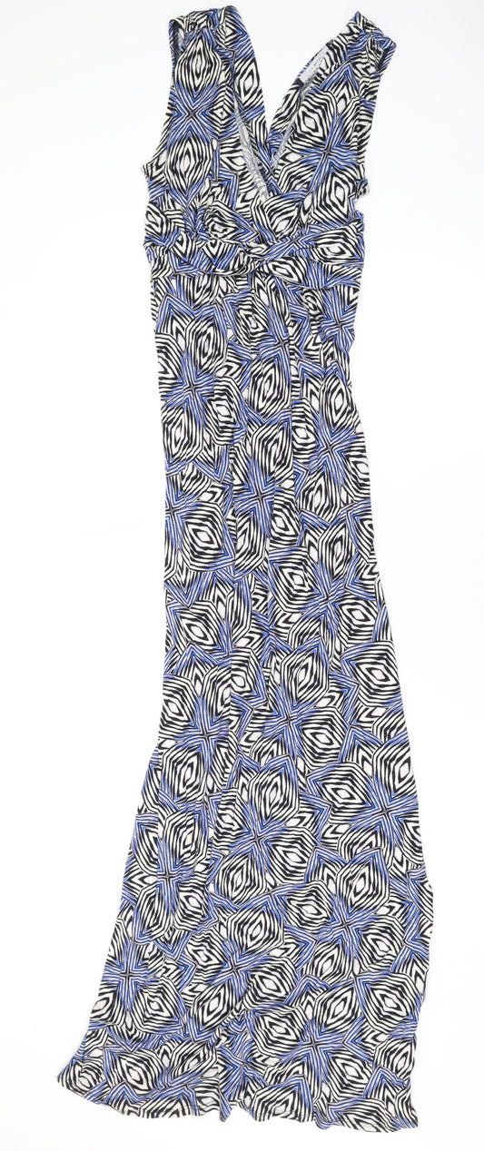 Dorothy Perkins Womens Blue Geometric Viscose Maxi Size 6 V-Neck Pullover