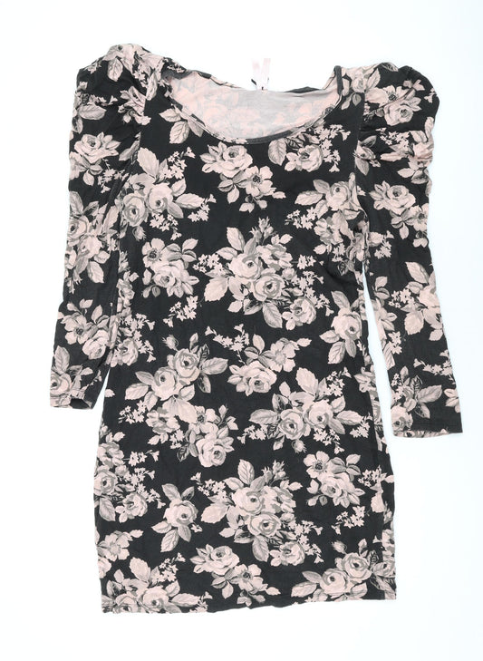 NEXT Womens Black Floral Viscose Bodycon Size 12 Scoop Neck Pullover