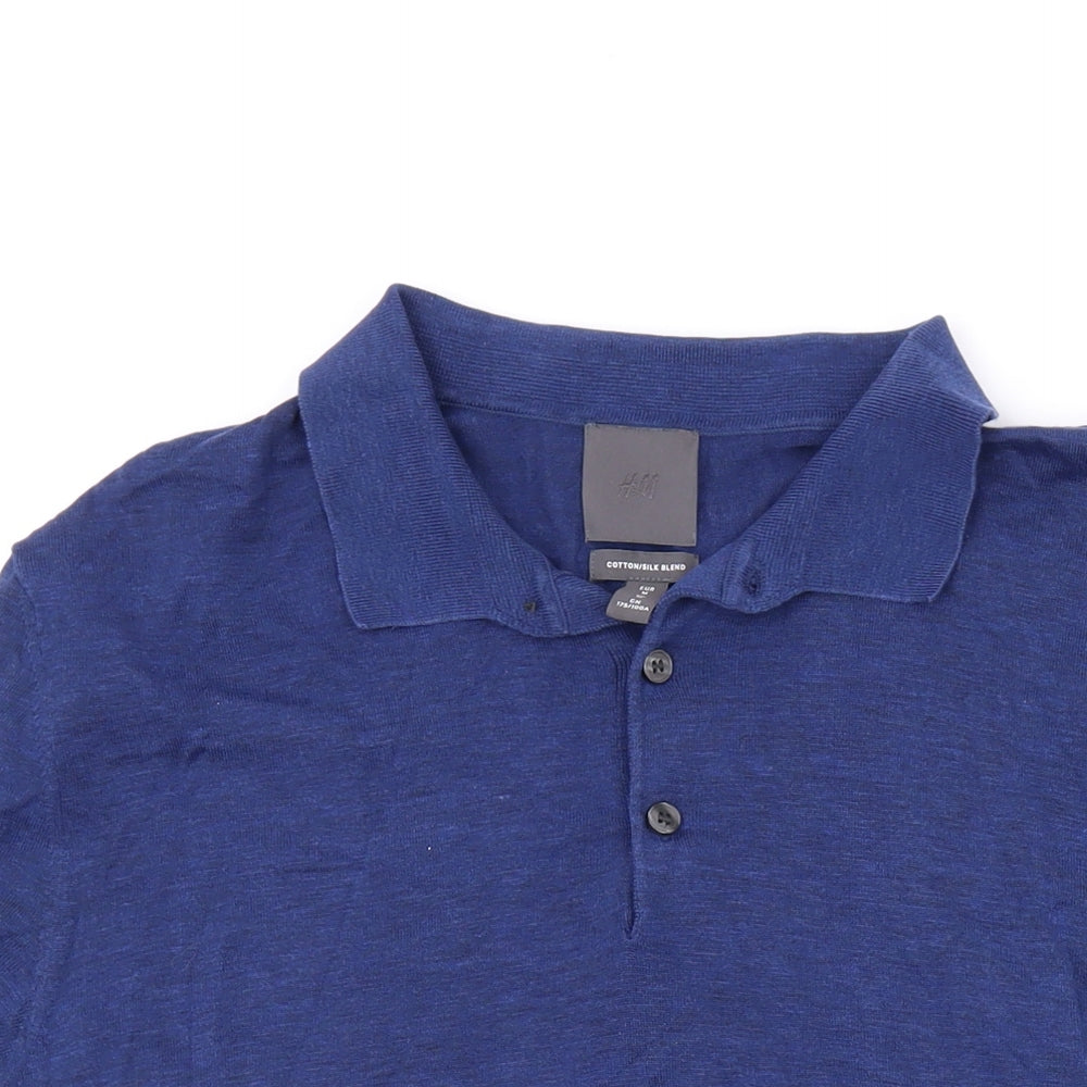 H&M Mens Blue Cotton Polo Size M Collared Button