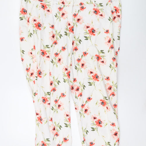 Bonmarché Womens White Floral Cotton Cropped Trousers Size 18 L20 in Regular Zip