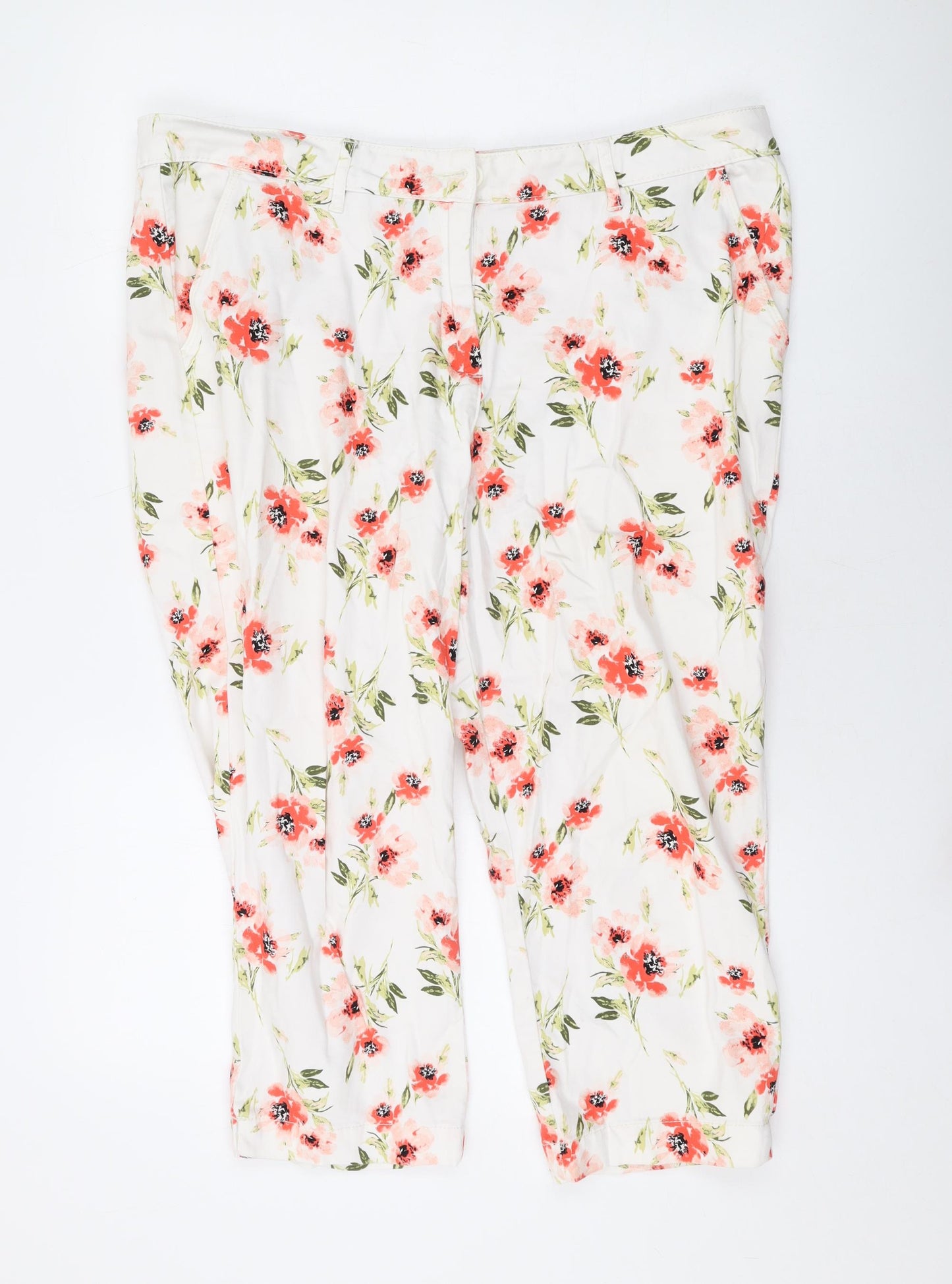 Bonmarché Womens White Floral Cotton Cropped Trousers Size 18 L20 in Regular Zip