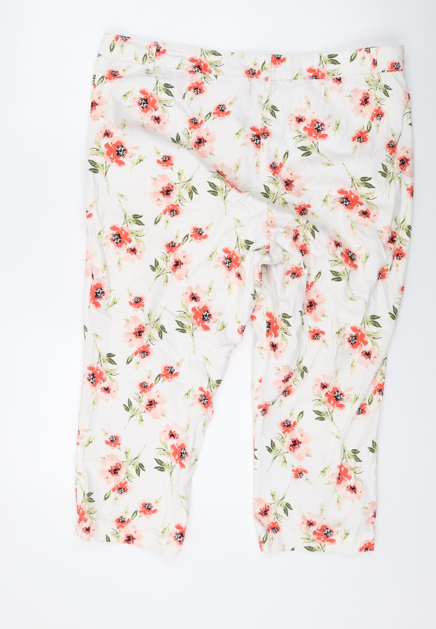 Bonmarché Womens White Floral Cotton Cropped Trousers Size 18 L20 in Regular Zip