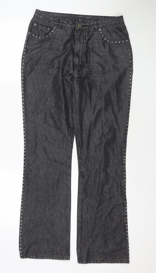 NEXT Womens Black Cotton Bootcut Jeans Size 10 L30 in Regular Zip - Studs Detail