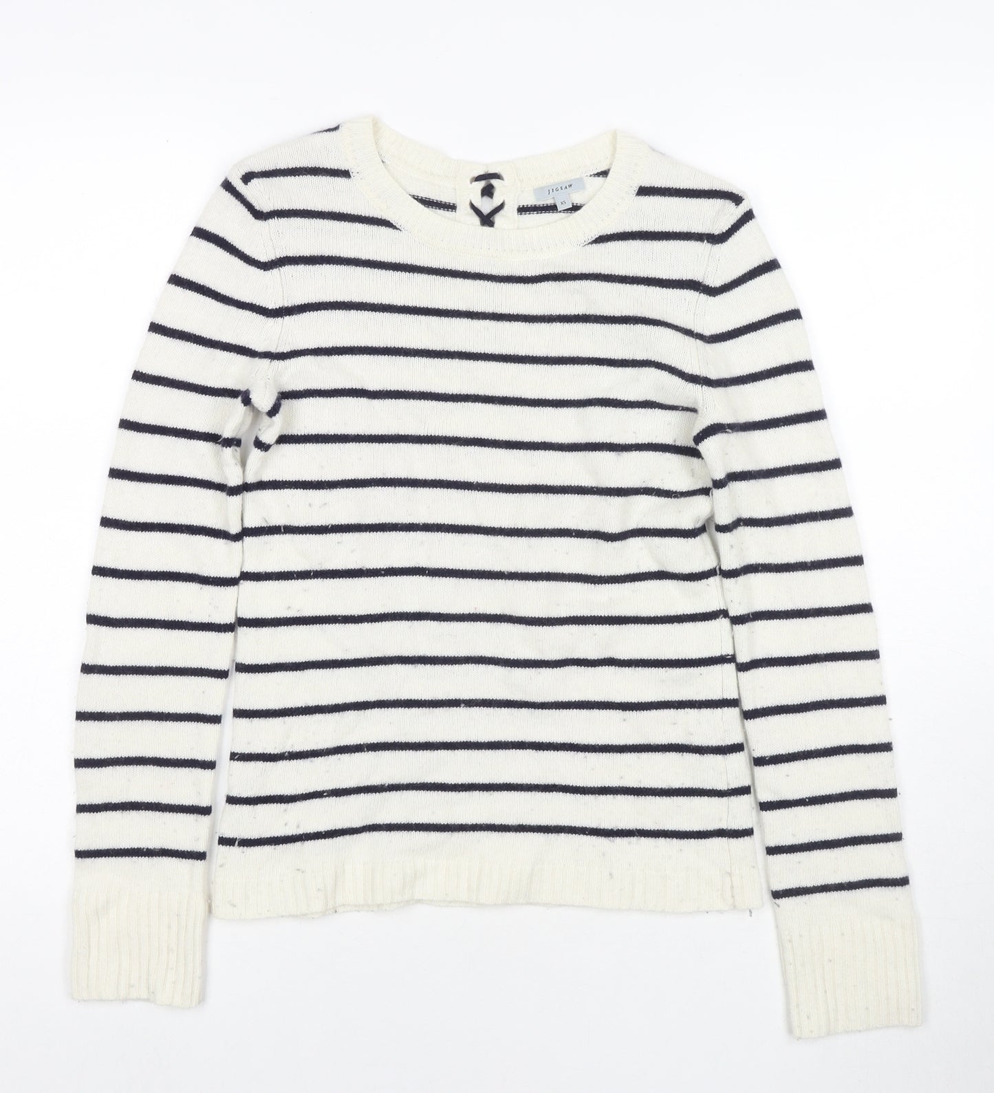 Jigsaw Womens White Round Neck Striped Wool Pullover Jumper Size XS