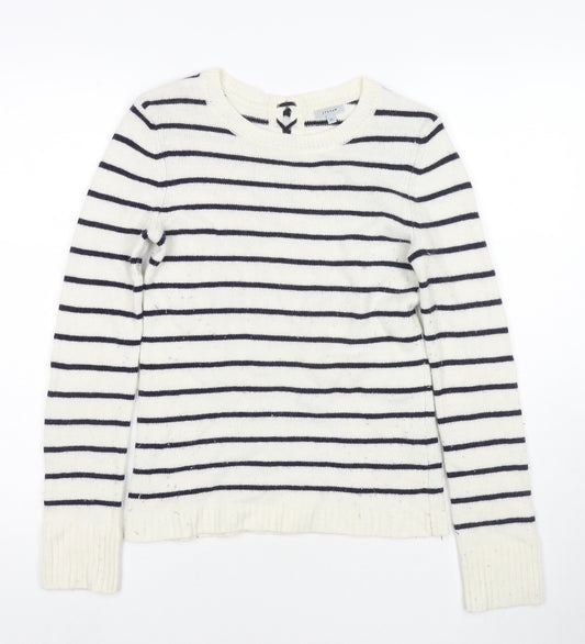 Jigsaw Womens White Round Neck Striped Wool Pullover Jumper Size XS