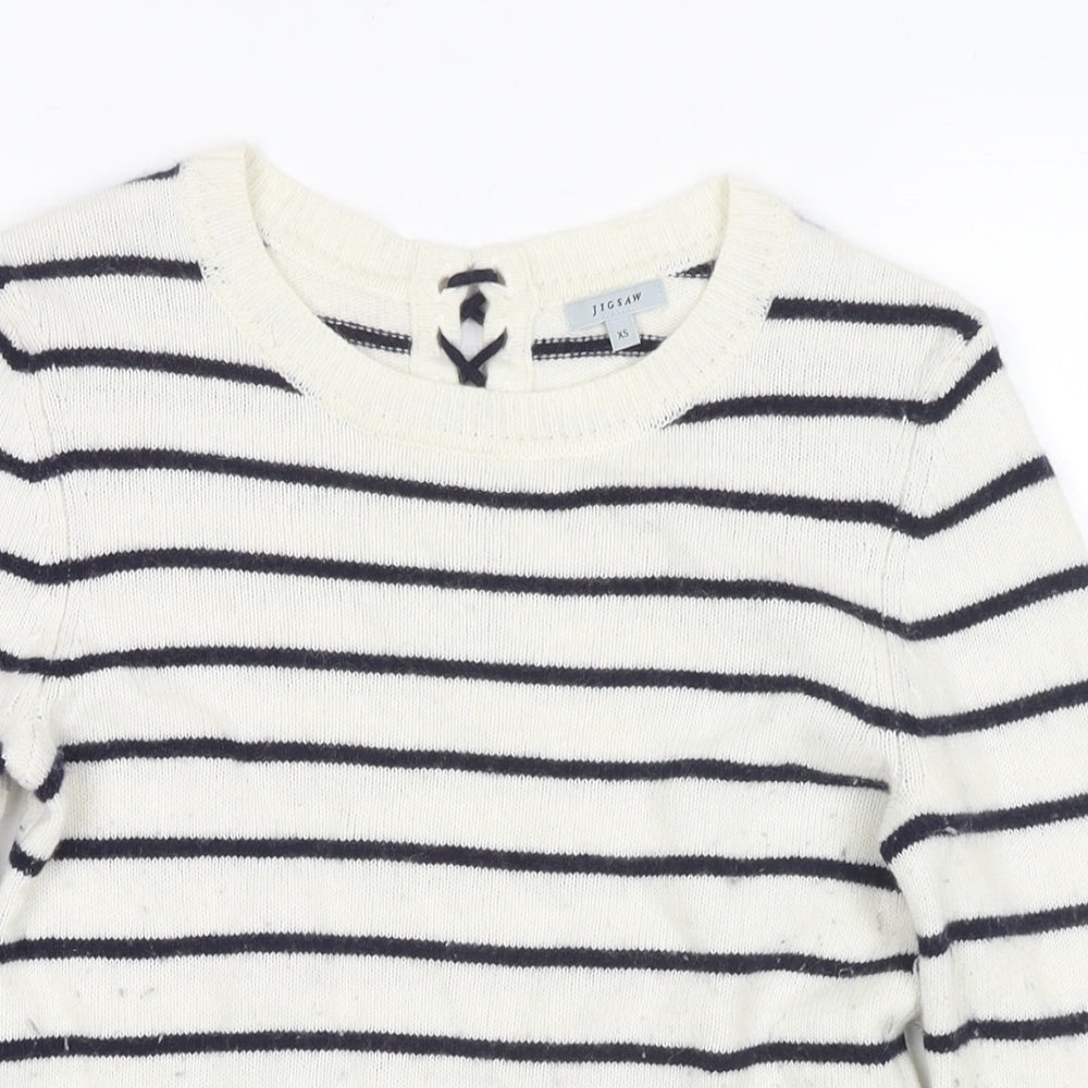 Jigsaw Womens White Round Neck Striped Wool Pullover Jumper Size XS