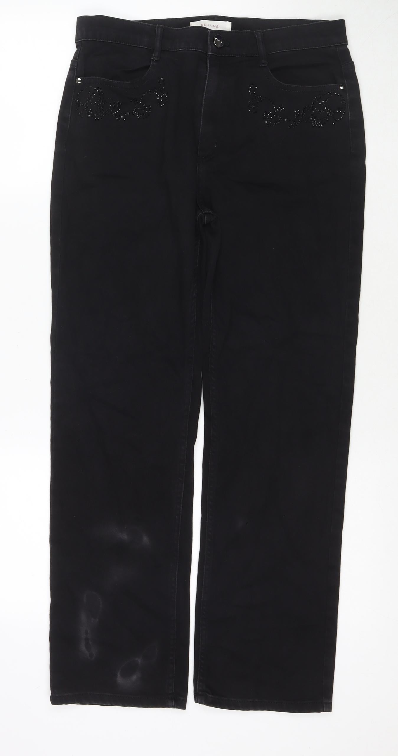 Per Una Womens Black Cotton Straight Jeans Size 12 L27 in Regular Zip - Embellishment Detail