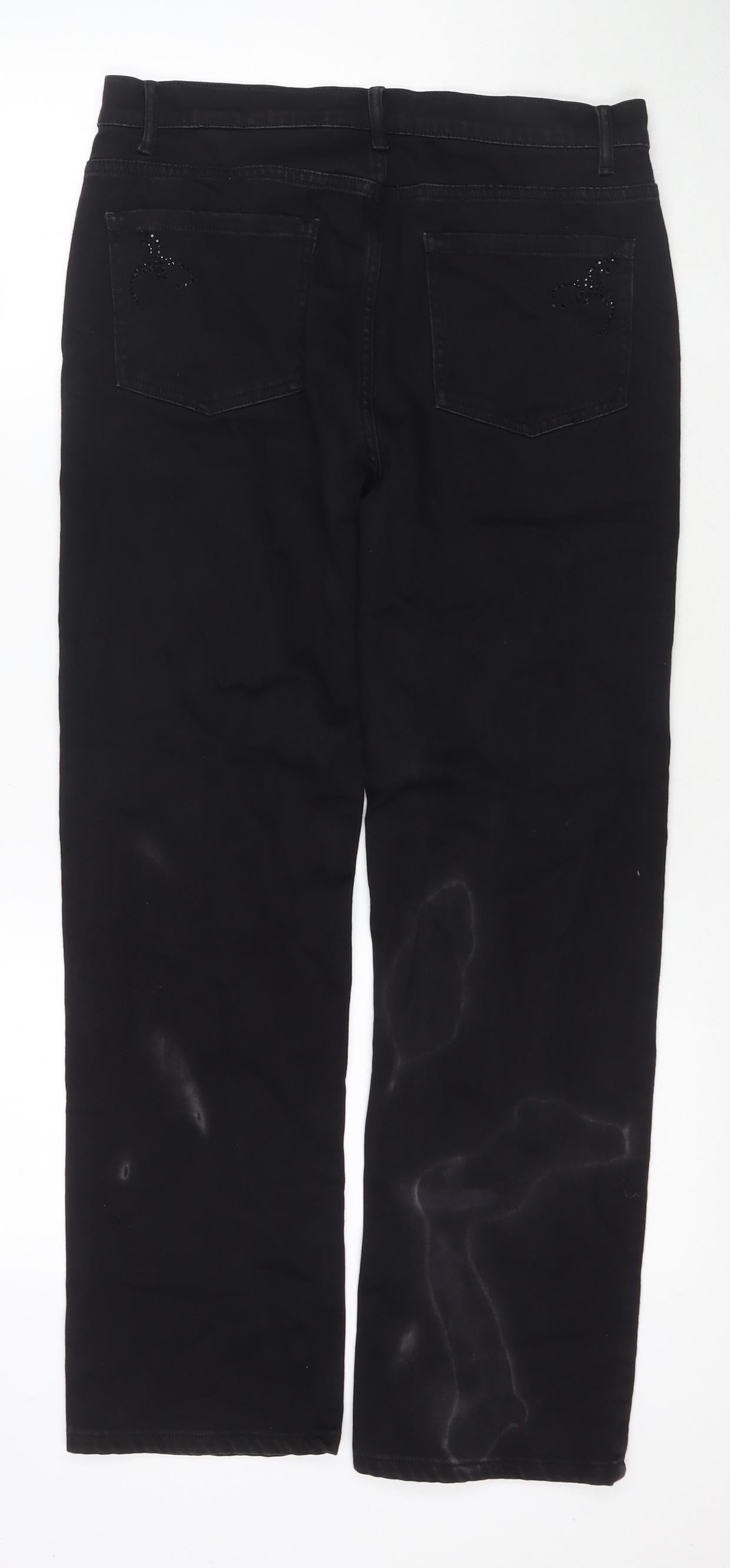 Per Una Womens Black Cotton Straight Jeans Size 12 L27 in Regular Zip - Embellishment Detail