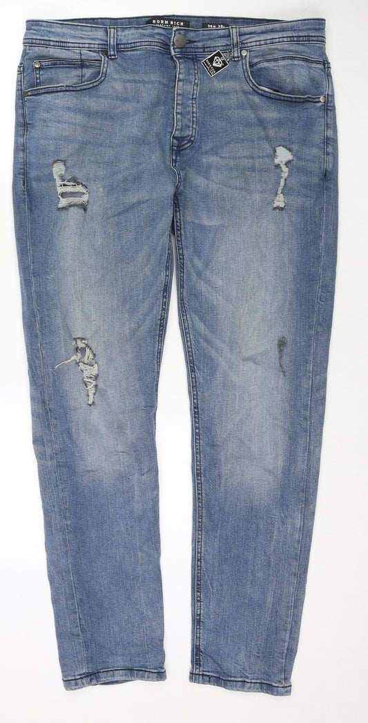 Born Rich Mens Blue Cotton Straight Jeans Size 36 in L30 in Regular Zip