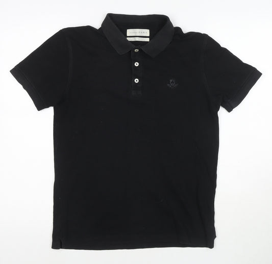 Zara Mens Black Cotton Polo Size M Collared Pullover