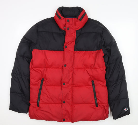 Champion Mens Red Puffer Jacket Jacket Size S Zip - Colourblock Pattern