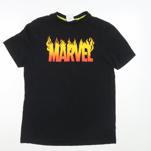 Marvel Mens Black Cotton T-Shirt Size M Round Neck - Flame Logo