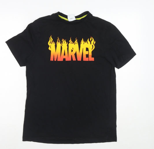 Marvel Mens Black Cotton T-Shirt Size M Round Neck - Flame Logo