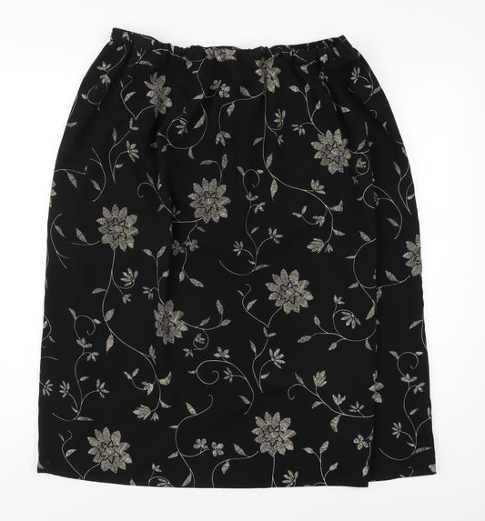 ELVI Womens Black Floral Polyester A-Line Skirt Size 24 Zip