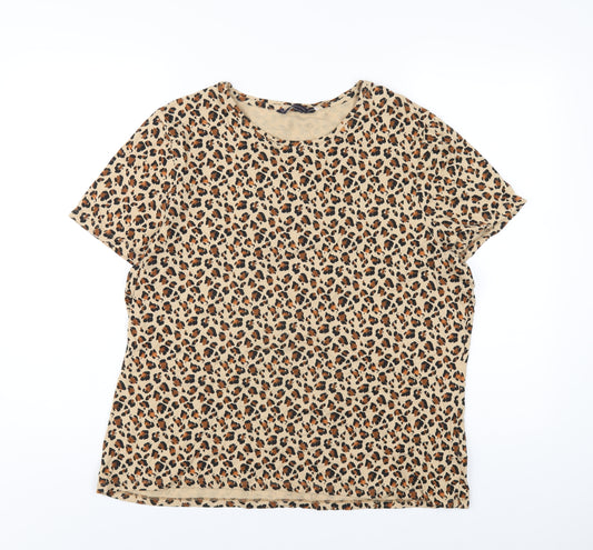 Marks and Spencer Womens Beige Animal Print Cotton Basic T-Shirt Size 22 Round Neck - Leopard Print