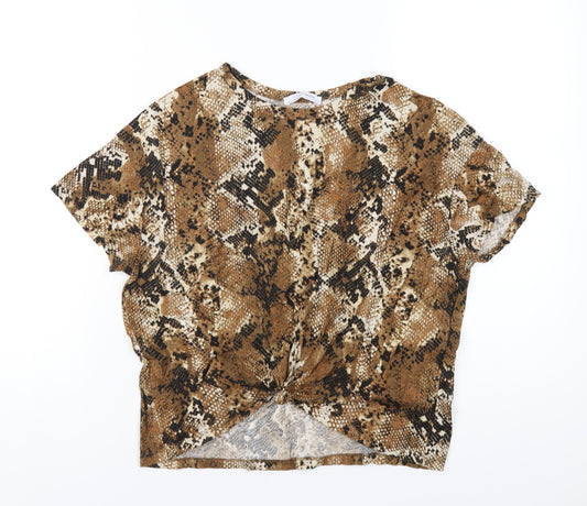 Zara Womens Brown Animal Print Cotton Basic T-Shirt Size S Round Neck - Snake Print