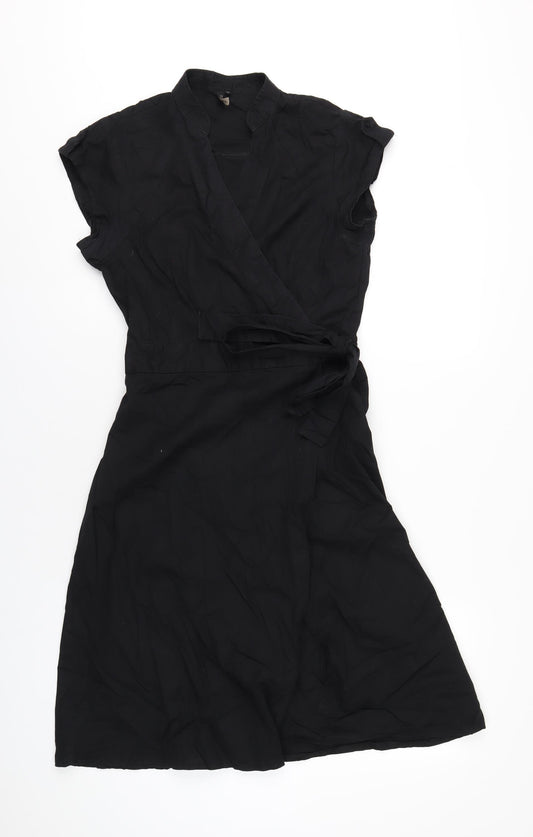 Topshop Womens Black Cotton Wrap Dress Size 14 V-Neck Tie