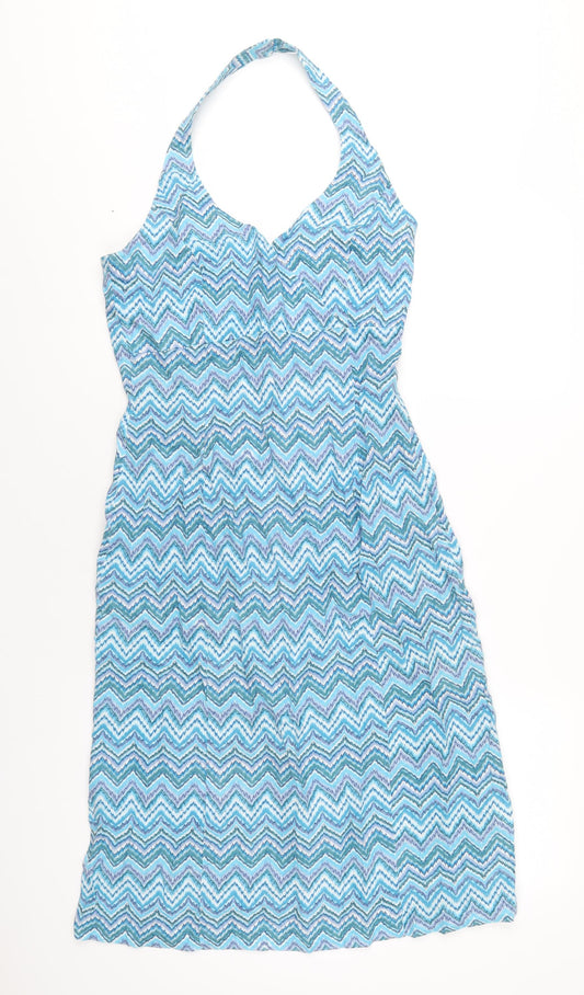 Tuchuzy Womens Blue Chevron Linen A-Line Size 12 Halter Zip