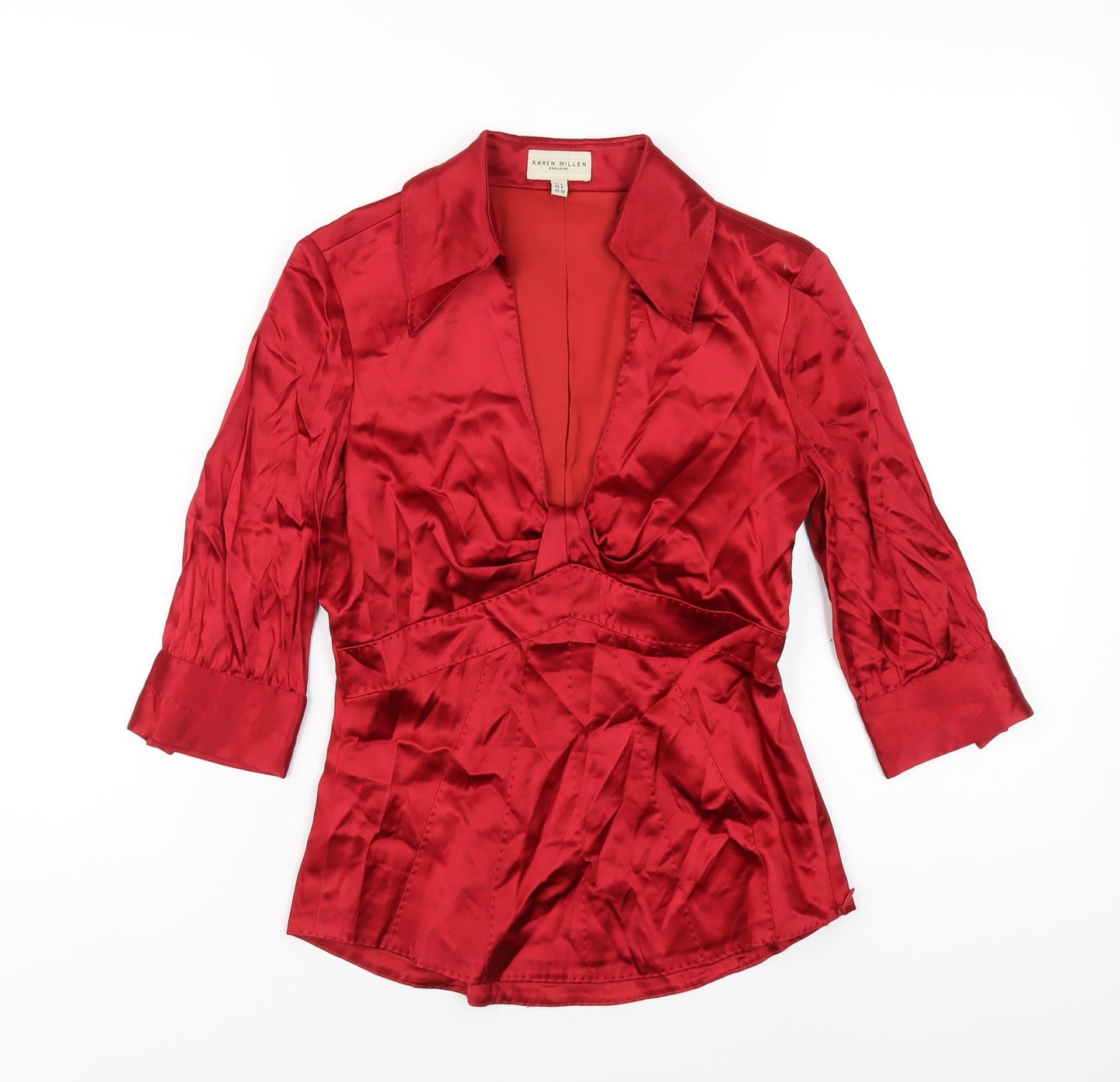 Karen Millen Womens Red Silk Basic Blouse Size 8 Collared