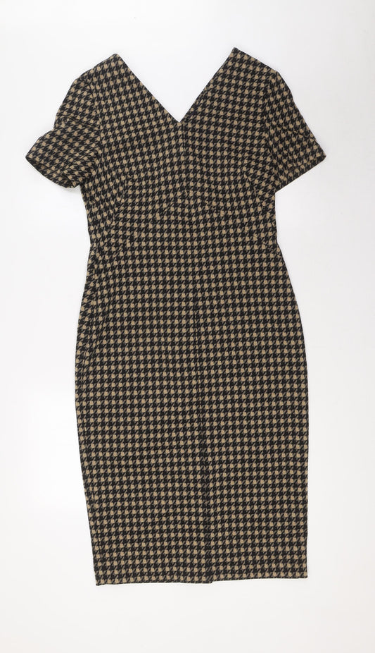 Marks and Spencer Womens Beige Houndstooth Polyester Pencil Dress Size 10 V-Neck Zip