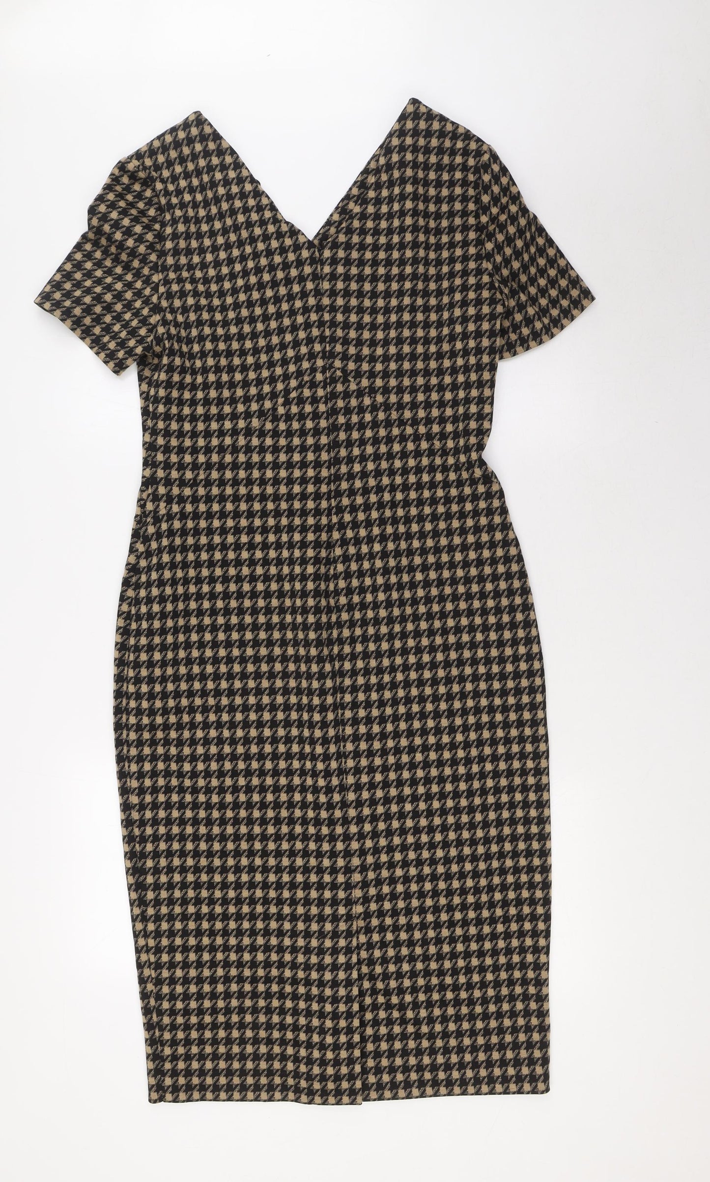 Marks and Spencer Womens Beige Houndstooth Polyester Pencil Dress Size 10 V-Neck Zip