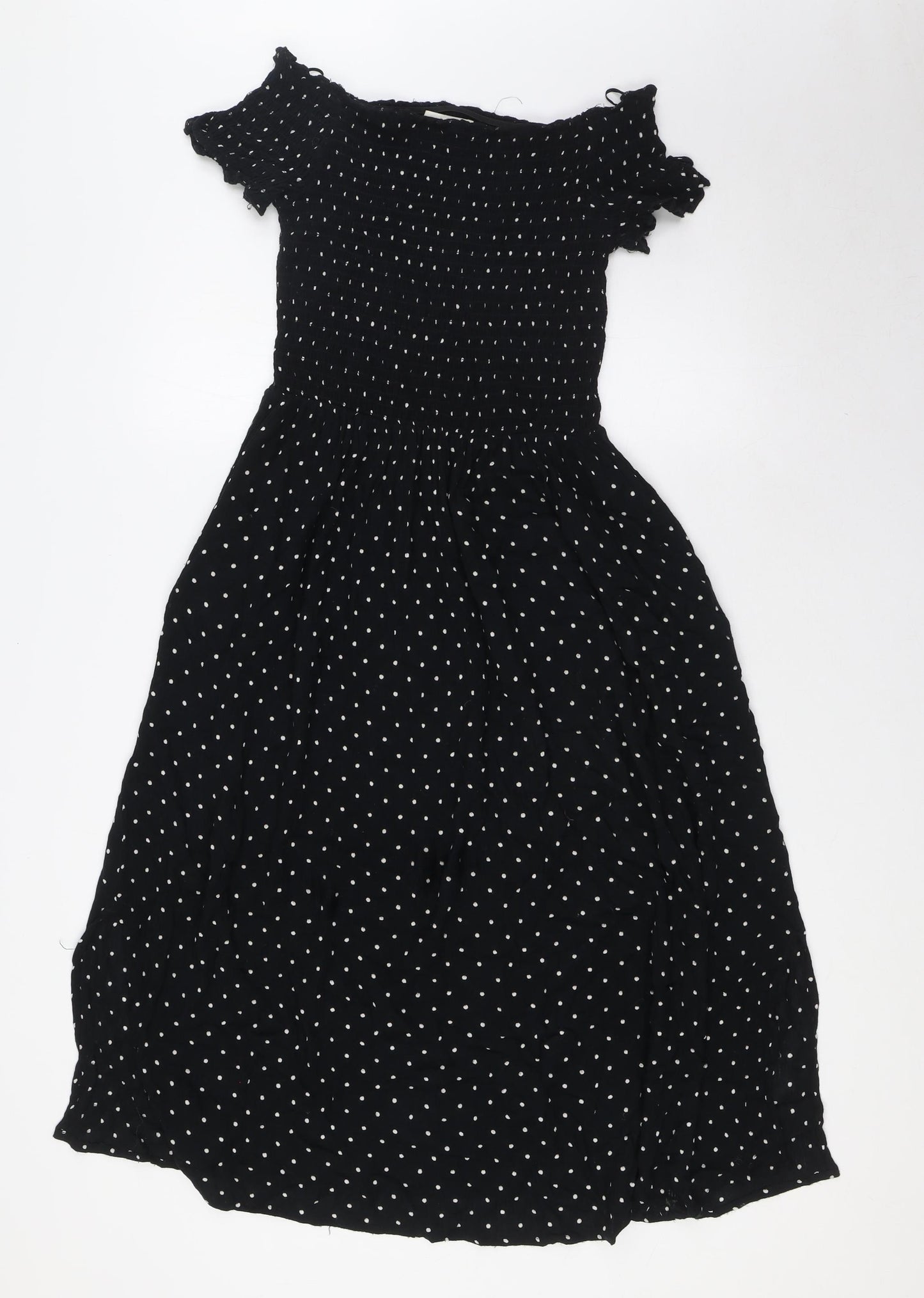 NEXT Womens Black Polka Dot Viscose A-Line Size 10 Off the Shoulder - Smocked Top