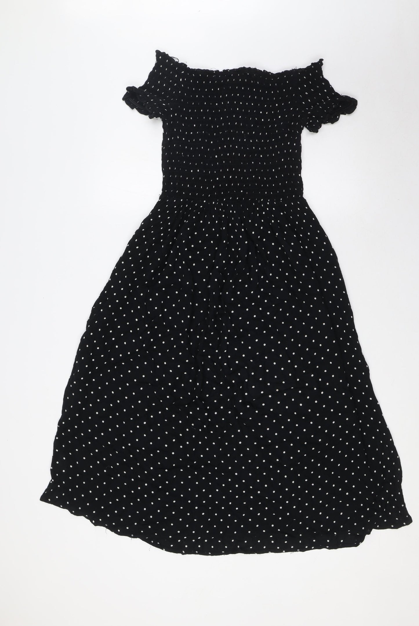 NEXT Womens Black Polka Dot Viscose A-Line Size 10 Off the Shoulder - Smocked Top