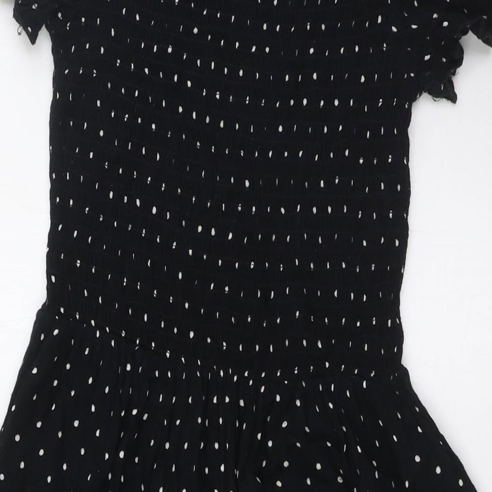 NEXT Womens Black Polka Dot Viscose A-Line Size 10 Off the Shoulder - Smocked Top