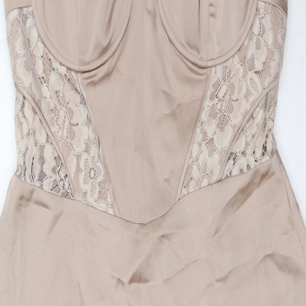 Zara Womens Beige Polyamide A-Line Size L Scoop Neck Zip - Lace Detail