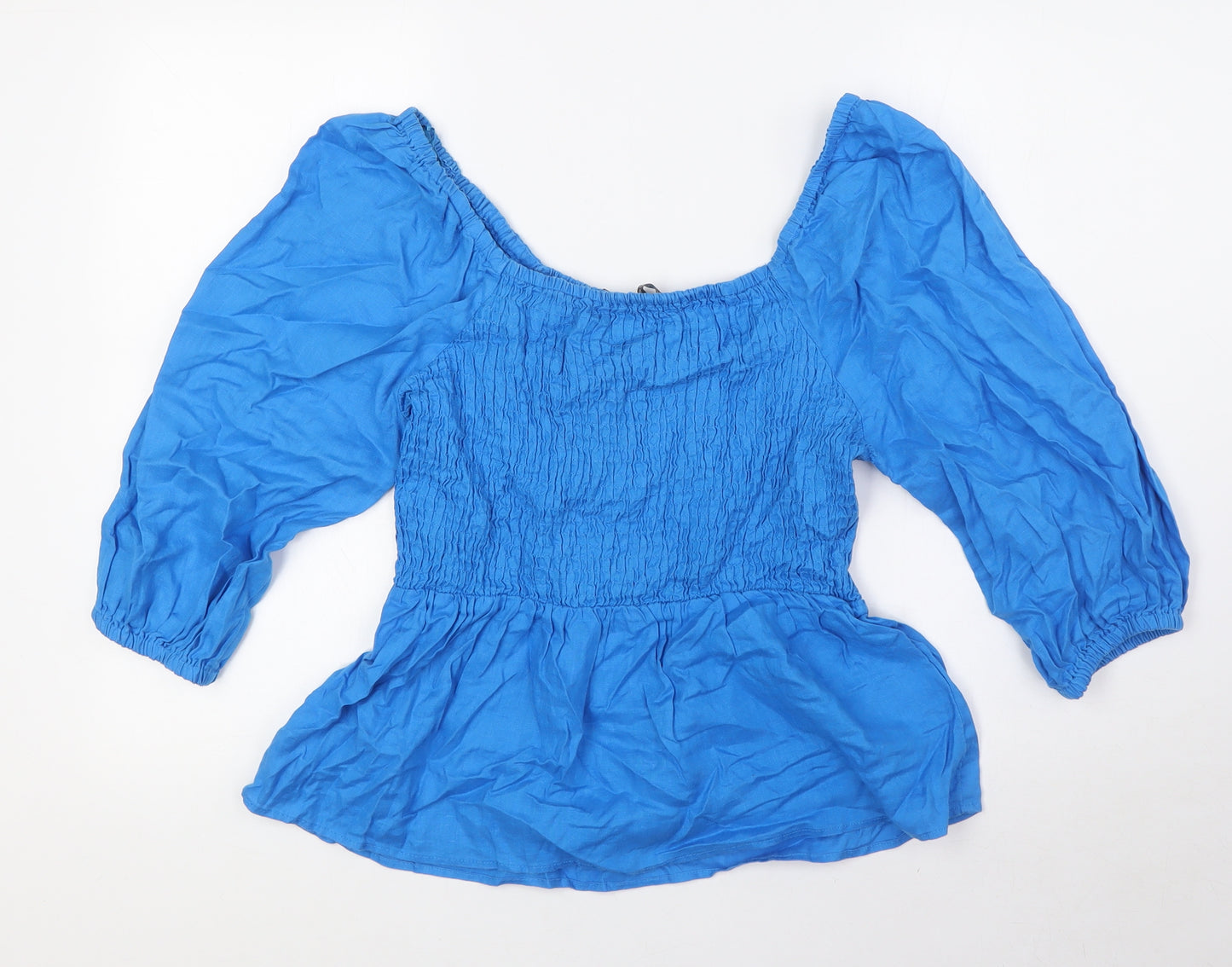 Marks and Spencer Womens Blue Linen Basic Blouse Size 10 Off the Shoulder - Smocked Top