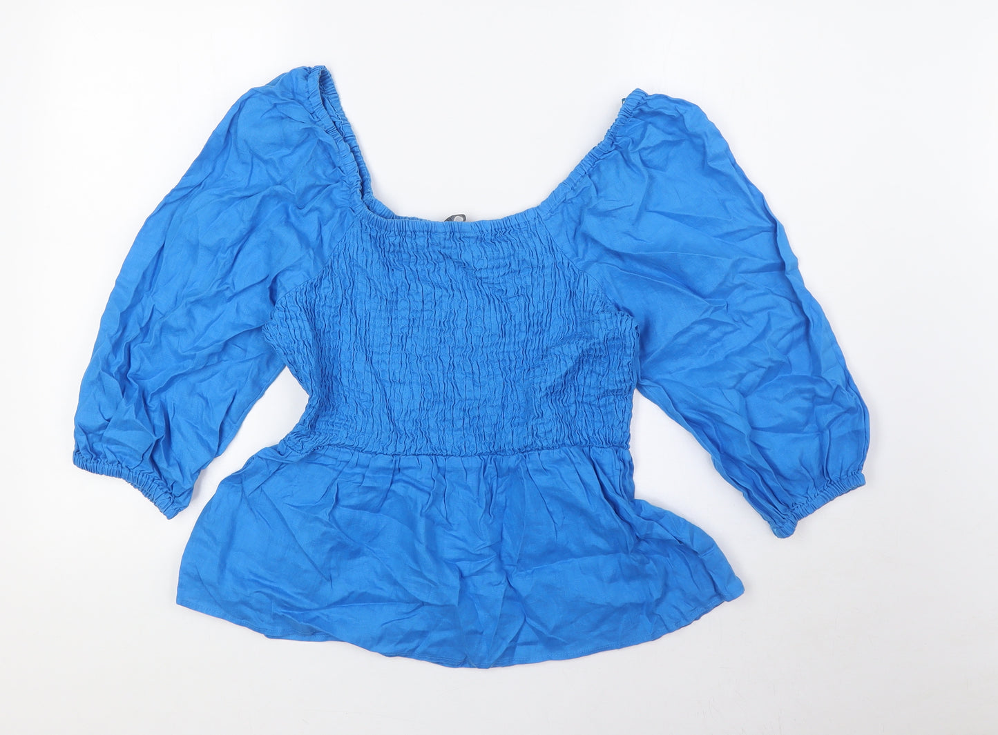 Marks and Spencer Womens Blue Linen Basic Blouse Size 10 Off the Shoulder - Smocked Top