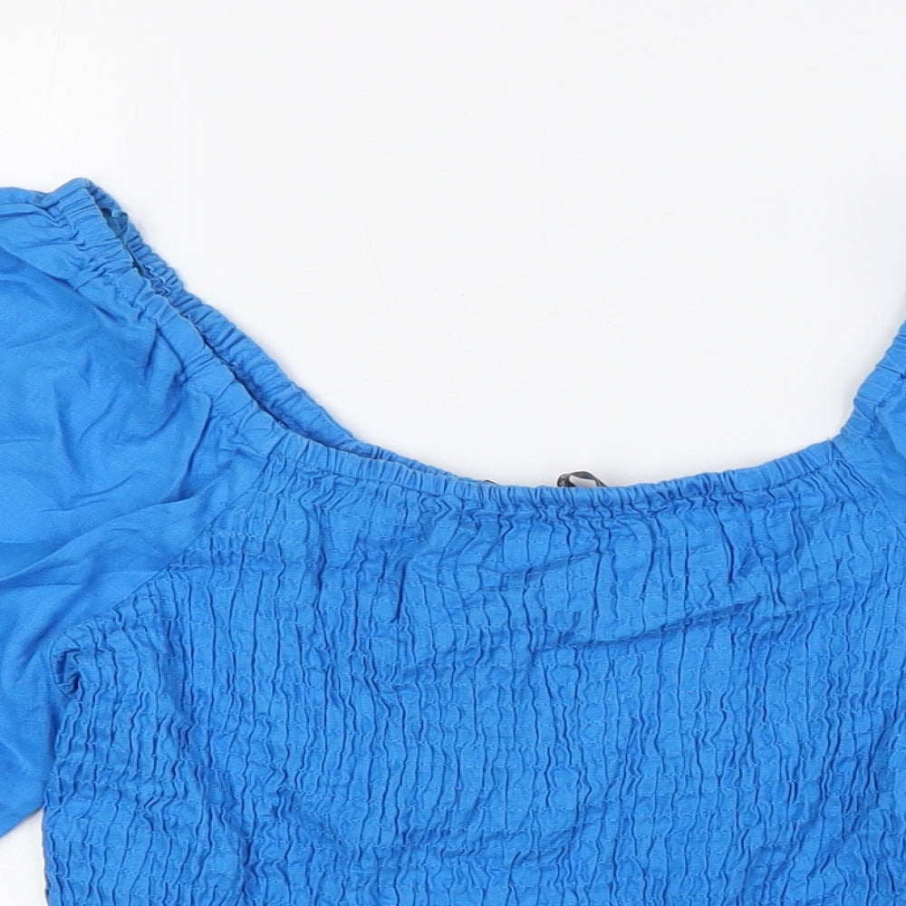 Marks and Spencer Womens Blue Linen Basic Blouse Size 10 Off the Shoulder - Smocked Top