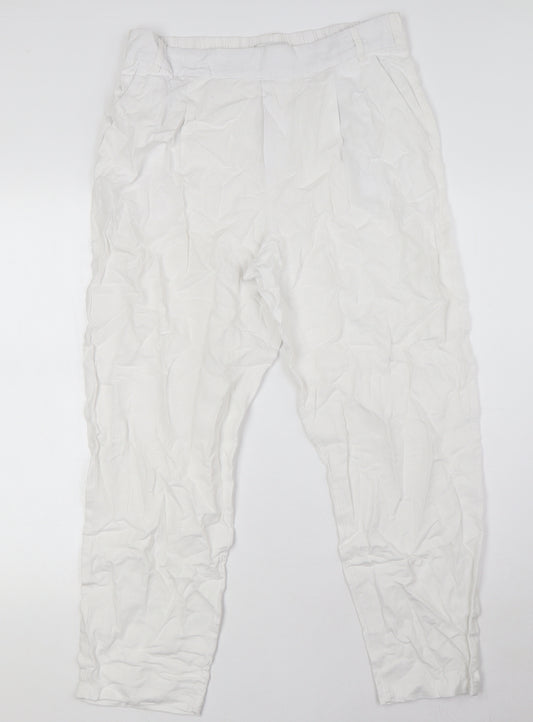 Marks and Spencer Womens White Linen Trousers Size 12 L28 in Regular - Elasticated Waist