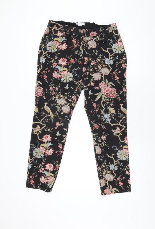 H&M Womens Black Floral Cotton Trousers Size 16 L27.5 in Regular Zip