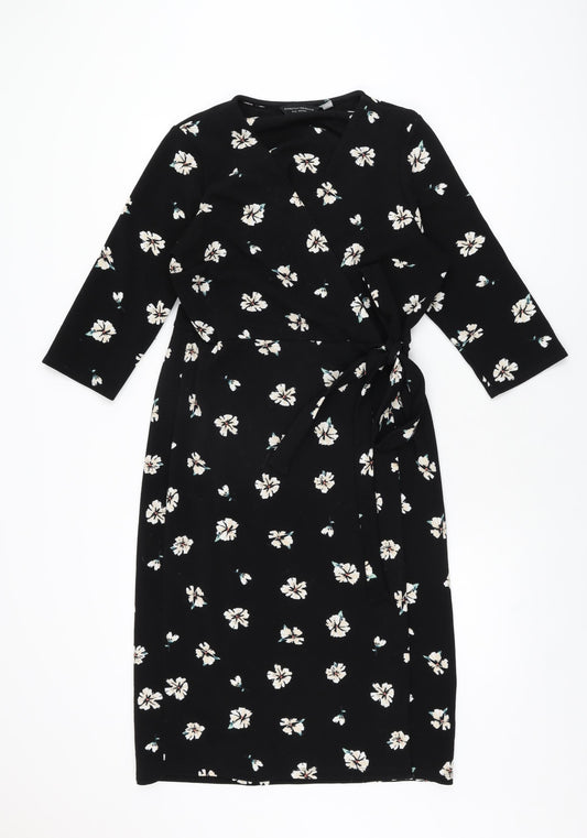 Dorothy Perkins Womens Black Floral Polyester Wrap Dress Size 12 V-Neck Tie